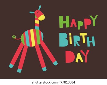 cute happy birthday card with fun zebra. vector illustration