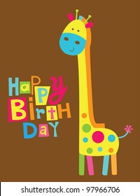 cute happy birthday card with fun giraffe. vector illustration