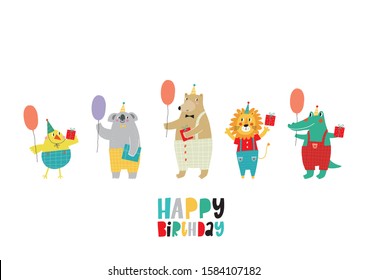 Cute happy birthday card with funny animals. Happy Birthday animas vector print. Cartoon character bird, koala, bear, lion,  crocodile