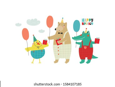 Cute happy birthday card with funny animals. Happy Birthday animas vector print. Cartoon character Birds, bear, crocodile
