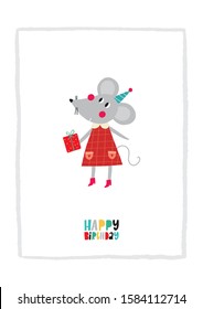 Cute happy birthday card with funny animals. Happy Birthday animas vector print. Cartoon character mouse