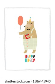 Cute happy birthday card with funny Bear. Happy Birthday animas vector print. Cartoon character 