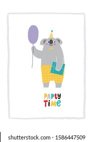 Cute happy birthday card with funny Koala. Happy Birthday animas vector print. Cartoon character 