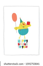 Cute happy birthday card with funny bird. Happy Birthday animas vector print. Cartoon character 