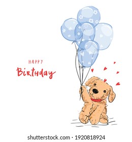 Cute happy birthday card with funny puppy and balloons. Vector illustration.