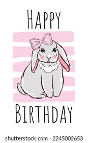 Cute Happy Birthday card with funny animal rabbit girl. Cartoon vector illustration with the hare, pink color.