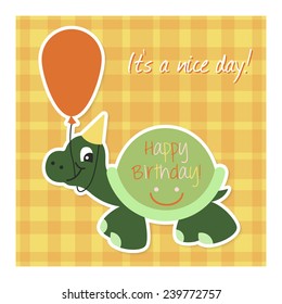 Cute happy birthday card with funny turtle and balloon on orange background. Vector illustration