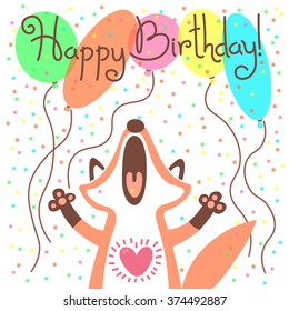 Cute happy birthday card with funny fox. Vector illustration