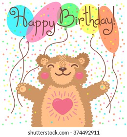 Cute happy birthday card with funny bear. Vector illustration