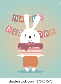 Cute Happy Birthday card with funny animals. Cartoon vector illustration with the hare, cake and flags in pastel colors.