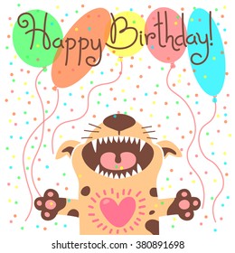 Cute happy birthday card with funny puppy. Vector illustration