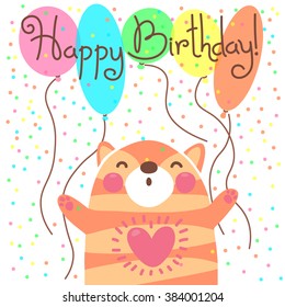 Cute happy birthday card with funny kitten. Vector illustration