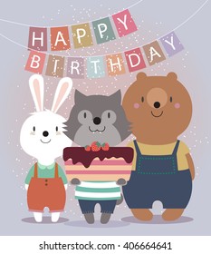 Cute Happy Birthday card with funny animals. Bear, hare, wolf, and cake. Vector illustration eps10.