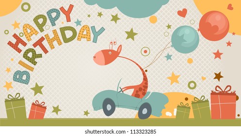 cute happy birthday card with giraffe.