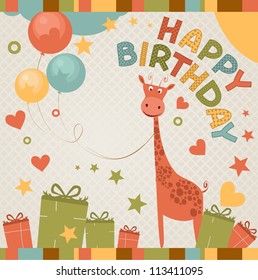 cute happy birthday card with giraffe.