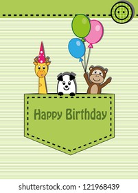 cute happy birthday card with giraffe, monkey and panda