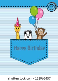cute happy birthday card with giraffe, monkey and panda