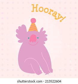 Cute happy birthday card with hand drawn koala bear in birthday hat. Sweet concept background in cartoon style with animal character. Cute koala illustration