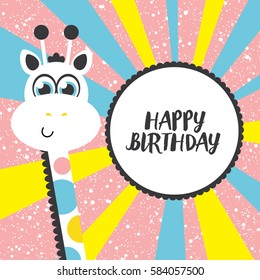 cute happy birthday card with nice giraffe. vector illustration