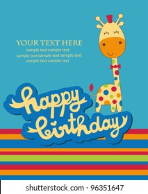 cute happy birthday card with nice giraffe. vector illustration