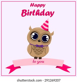 Cute  happy birthday card with owl and ribbon