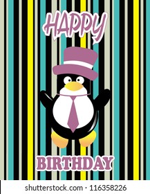 Cute happy birthday card with penguin/Vector illustration