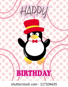 Cute happy birthday card with penguin/Vector illustration