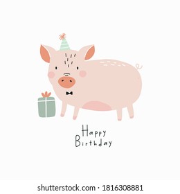 Cute Happy Birthday card with portrait farm animal - pig in flat style for children's room decor