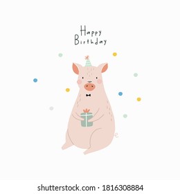 Cute Happy Birthday card with portrait farm animal - pig in flat style for children's room decor