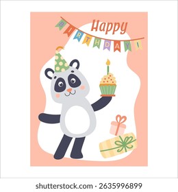 Cute happy birthday card safari animals with panda. Colorful and minimalist. Hand-drawn vector illustration in flat style.