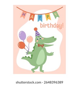 Bela feliz aniversário cartão animais safári com crocodilo. Colorido e minimalista. Ilustração vetorial desenhada à mão em estilo plano.