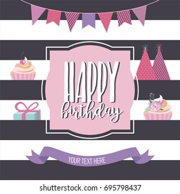 Cute Happy Birthday card template for greeting or invitation. Vector illustration