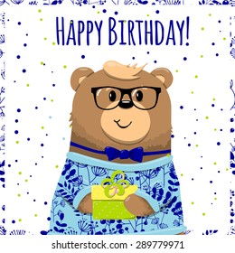  Cute Happy birthday card with  vector illustration.
