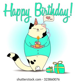 Cute happy birthday card. Vector illustration with cake, cat and chat box 