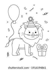 Cute Happy Birthday Coloring Page For Kids. Funny Cartoon Lion With Balloon And Gift. Black And White Vector Illustration.