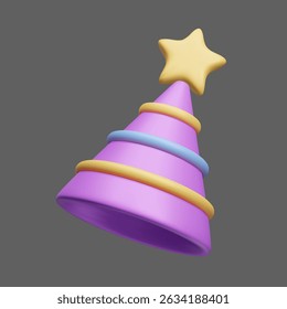 Cute Happy Birthday cone hat surprise party decor 3D style vector icon. Striped purple triangle shape birthday cap with star shape pom pom colorful 3D cartoon style vector render. Celebration!
