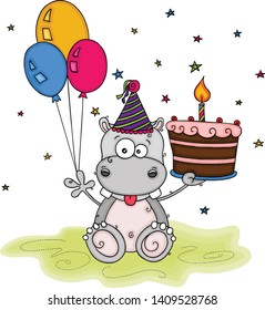 Cute happy birthday with fun hippo holding three balloons and a cake