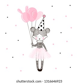 Cute happy birthday girl in pink ballerina skirt with a bunch of pink balloons. Vector doodle illustration in pink colour for girlish designs like textile apparel print, wall art, poster, stickers