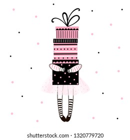 Cute happy birthday girl in pink ballerina skirt with many presents boxes. Vector doodle illustration in pink colour for girlish designs like textile apparel print, wall art, poster, stickers, cards