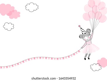 Cute happy birthday girl in pink ballerina skirt, cone hat flying away with a bunch of pink balloons, festal flag garland. Vector doodle illustration in pink colour for girly design like textile