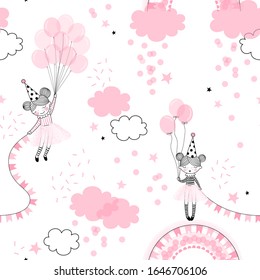 Cute happy birthday girl in pink ballerina skirt, cone hat with a bunch of pink balloons buntings in the dreamy rainbow cloud confetti sky. Whimsical magic party girlish fairy vector seamless pattern.