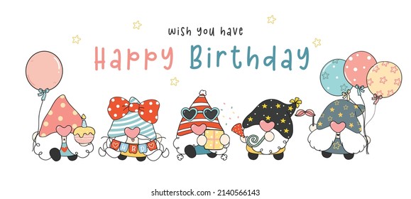 cute happy Birthday Gnomes greeting card, group of baby gnomes party cartoon drawing vector, Happy birthday celebration