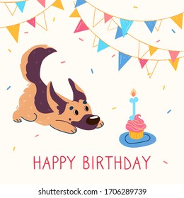 Hübsche Geburtstagskarte. Cartoon-Stil: Deutscher Schäferhund, Garnelen, festlicher Kuchen mit Kerzen in Knochenform. Der Hund hat einen Geburtstag. Vektorillustration-Illustration für eine Party.