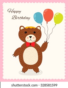 Cute happy birthday greeting card with a fun bear in a red bow tie. Vector illustration.