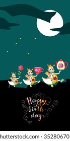 Cute Happy Birthday greeting card. Dragons with gifts at the night. Colorful ornamental lettering. Vector illustration. 