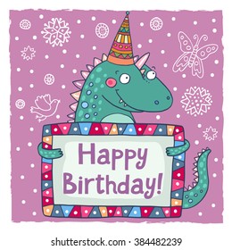 Cute happy birthday greeting card template with a cartoon dinosaur