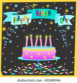 cute happy birthday greeting card with cake and candles, stars and candies on dark square background.  vector illustration