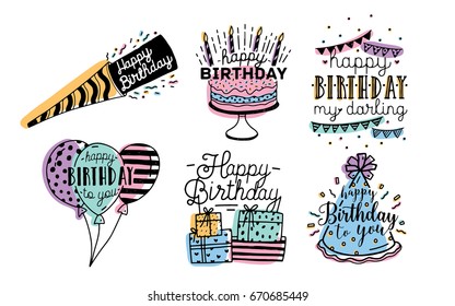 Cute happy birthday greetings inscriptions design collection. Colorful hand drawn lettering vector illustration set on white background.