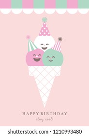 Cute Happy Birthday ice cream card. Vector illustration.