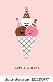 Cute Happy Birthday ice cream card. Vector illustration.